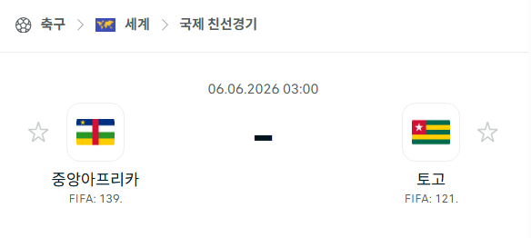 [국가대표 친선경기] 6월6일 중앙아프리카 vs 토고 분석 중계
