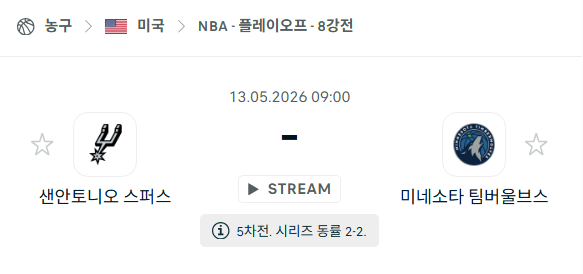 [미국 NBA] 5월13일 샌안토니오 스퍼스 vs 미네소타 팀버울브스 분석 중계