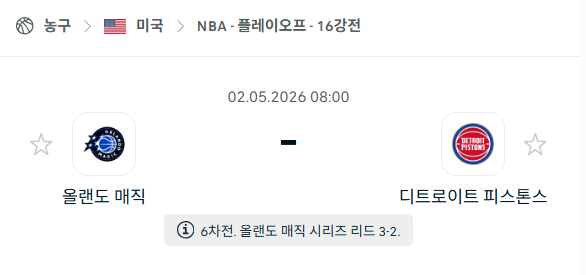 [미국 NBA] 5월2일 올랜도 매직 vs 디트로이트 피스톤스 분석 중계