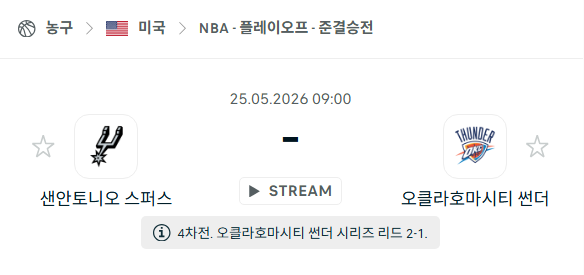 [미국 NBA] 5월25일 샌안토니오 스퍼스 vs 오클라호마시티 썬더 분석 중계